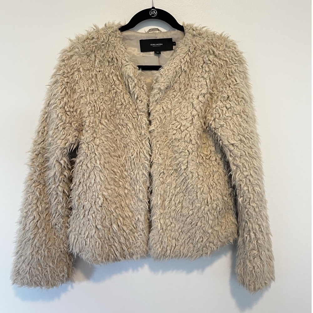 Cream teddy bear coat with hook and eye closure
